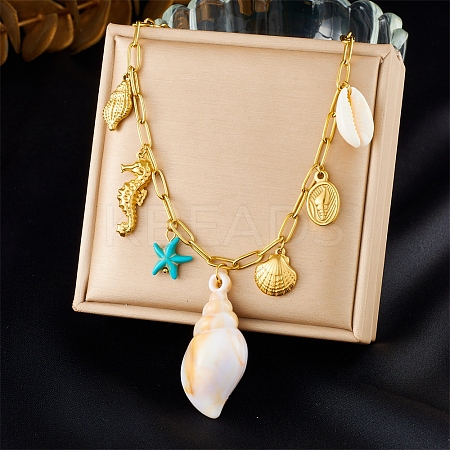 304 Stainless Steel Starfish Sea Horse Shell Shape Pendant Necklaces for Women NJEW-F347-01B-1