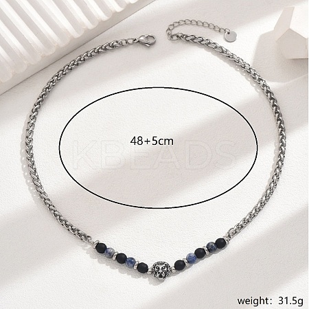 Vintage Stainless Steel Lion Head Blue Spot Jasper Beaded Necklaces for Daily Wear RE8063-2-1