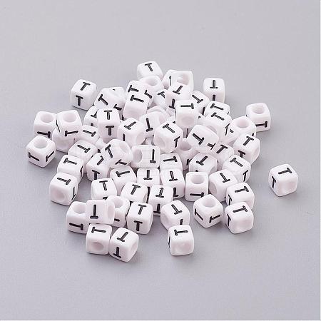 Letter T White Letter Acrylic Cube Beads X-PL37C9308-T-1