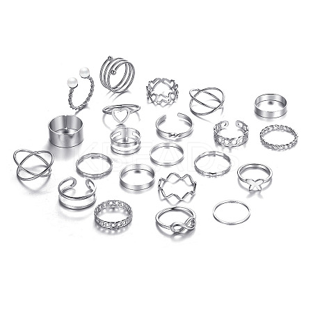 22Pcs 22 Style Heart & Butterfly & Criss Cross & Wave Alloy Finger Rings Set AJEW-PW0005-14P-1