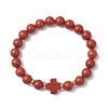 Natural Red Jasper Cross Round Beaded Stretch Bracelets for Men Women BJEW-JB12258-02-2