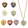 7Pcs 7 Styles Chakra Natural Tiger Eye & Sodalite & Red Jasper & Quartz Crystal & Green Aventurine & Amethyst & Red Aventurine Copper Wire Wrapped Heart Pendants with Golden Tone Metal Slices PALLOY-FH00093-1