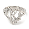 Heart with Letter & Flower Rack Plating Brass Adjustable Rings for Women RJEW-I105-05P-K-2