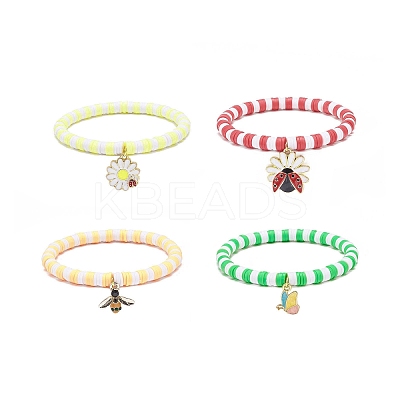 4Pcs 4 Styles Insect Theme Alloy Enamel Stretch Charm Bracelets BJEW-JB08763-1