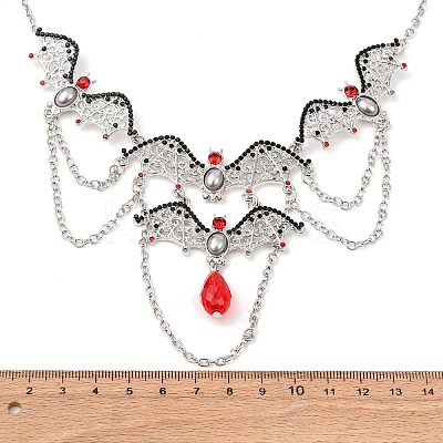Halloween Bat Alloy Siam Rhinestone Bib Necklaces for Women LS-NJEW-P340-02P-1