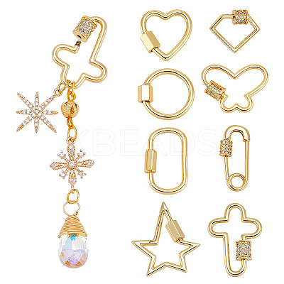 8Pcs 8 Styles Brass Micro Pave Cubic Zirconia Screw Carabiner Lock Charms KK-GA0002-01-1
