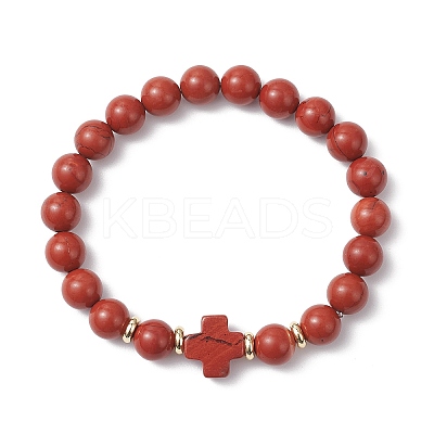 Natural Red Jasper Cross Round Beaded Stretch Bracelets for Men Women BJEW-JB12258-02-1