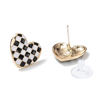 Black and White Checkerboard Heart Stud Earrings LS-EJEW-Z013-01LG-1
