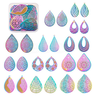 48 Pcs 12 Styles 201 Stainless Steel Filigree Pendants STAS-FW0001-12-1