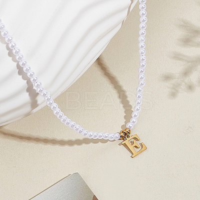 Imitation Pearl with Stainless Steel Pendants Necklaces NJEW-LP0001-51E-G-1