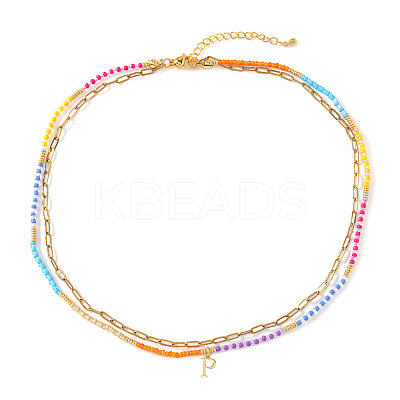 Colorful Glass Seed Beaded Initial Pendant Double Layer Necklaces QS3881-16-1