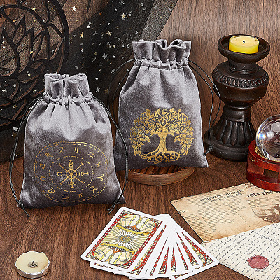 2Pcs 2 Styles Rectangle Gold Stamping Velvet Tarot Storage Drawstring Bags for Divination ABAG-CN0001-54-1