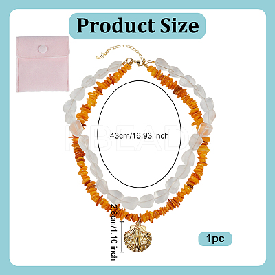 Dyed Natural Freshwater Shell Chip & Transparent Frosted Glass Nuggets Beaded Brass Shell Shaped Pendant Double Layer Necklaces NJEW-OC00005-1