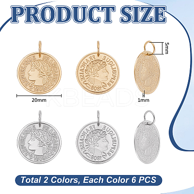 12Pcs 2 Colors 304 Stainless Steel Coin Pendants STAS-UN0064-48-1
