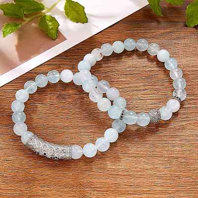2Pcs 2 Style Natural Aquamarine Stretch Bracelets Set BJEW-SW00094-1