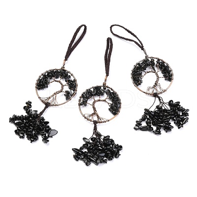 Wire Wrapped Chips Natural Obsidian Big Pendant Decorations HJEW-H057-02B-1