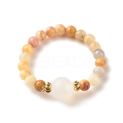 Natural Mixed Stone Round Beaded Stretch Ring with Moonstone RJEW-JR00440-1