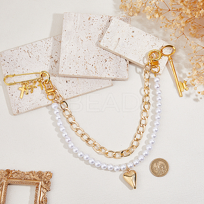 Aluminum Curb Chains & Round White Imitated Pearl Acrylic Beaded Double Layer Purse Decorative Chains HJEW-HS00068-1