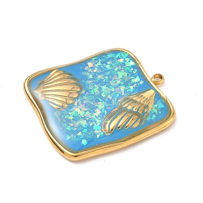 304 Stainless Steel Epoxy Resin with Natural Shell and Sequins Inside Pendants STAS-L026-17G-D03-1