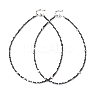 2Pcs 2 Styles Brass Moon Star and Faceted Round Natural Black Spinel Beaded Necklaces for Women NJEW-JN05657-1