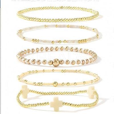 5Pcs 5 Styles Handmade Brass & Glass Beads Stretch Bracelet Set OI0028-9-1