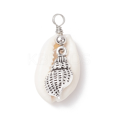 Natural Cowrie Shell & Alloy Sea Animals Pendants PALLOY-JF03751-1