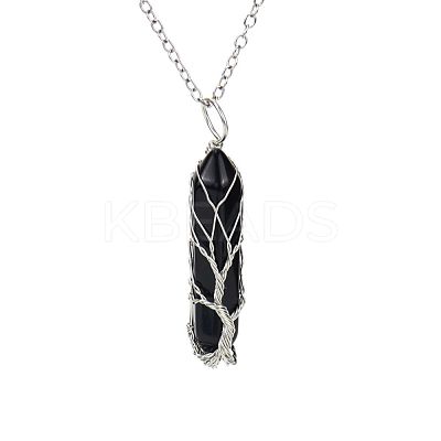 Natural Black Onyx(Dyed & Heated) Double Terminal Pointed Faceted Bullet Copper Wire Wrapped Tree of Life Pendant Alloy Chain Necklaces FS-WG07FDC-07-1
