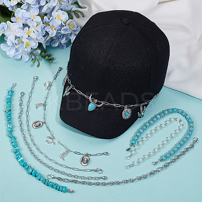 8Pcs 8 Styles Cowboy Theme Synthetic Turquoise & 304 Stainless Steel Baseball Cap Chain HJEW-SC0002-41-1