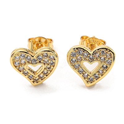 Clear Cubic Zirconia Heart Stud Earrings EJEW-F321-02G-1