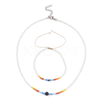 Glass Seed Beaded Necklace & Braided Beaded Bracelet SJEW-JS01283-01-1