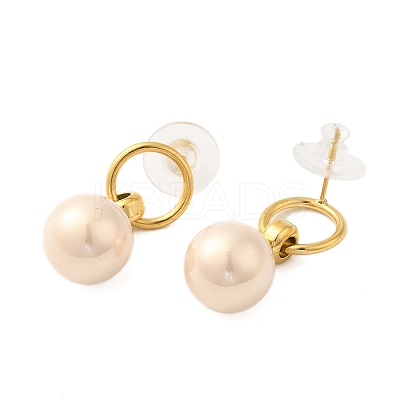 304 Stainless Steel Shell Pearl Round Stud Earrings for Women EJEW-U020-30G-02-1