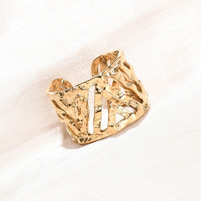 304 Stainless Steel Hollow Out Triangle Cuff Rings RJEW-G370-01G-1