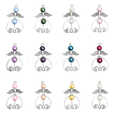 12Pcs 12 Color Glass Pearl Beaded Pendants PALLOY-AB00007-1