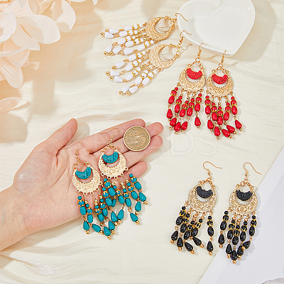 4 Pairs 4 Colors Glass Seed Beaded Tassel Chandelier Earrings EJEW-FI0002-40-1