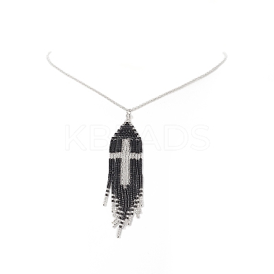Glass Seed Beaded Cross Tassel Pendant Necklaces NJEW-MZ00011-02-1