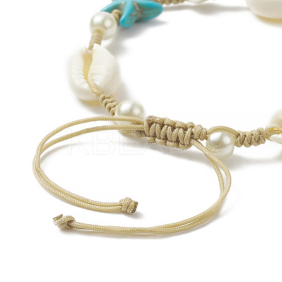Synthetic Turquoise(Dyed) Starfish & Natural Shell & Glass Pearl Braided Bead Bracelet BJEW-TA00218-1