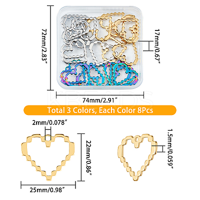 24Pcs 3 Colors 304 Stainless Steel Pendants STAS-DC0010-52-1
