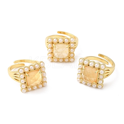 Ion Plating(IP) Natural Mixed Gemstone Square Adjustable Ring with Plastic Pearl Beaded RJEW-E075-04G-1