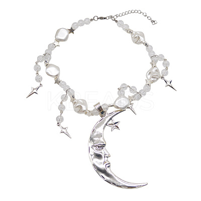 Moon Star Alloy & Silver Color Plastic Imitation Pearl Big Pendant Necklaces for Women FS-WG21961-01-1