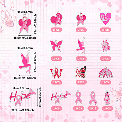 26Pcs 13 Styles Breast Cancer Pink Awareness Ribbon Theme Alloy Enamel Pendants ENAM-TA0001-93-1