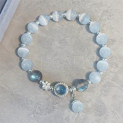 Flower Alloy & Cat Eye & Natural Aquamarine Round Beaded Charm Bracelets for Women WG9D4EC-11-1