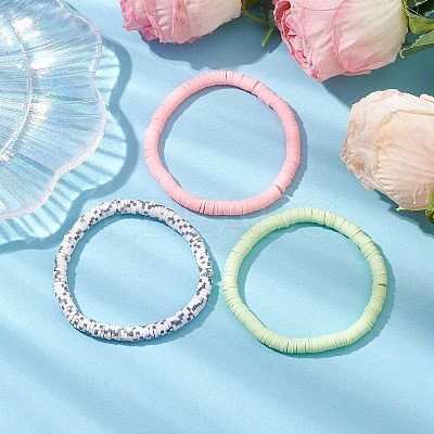 3Pcs 3 Colors Polymer Clay Disc Beaded Stretch Bracelet Sets BJEW-JB10440-01-1