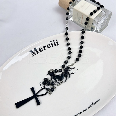 Alloy and Iron Ankh Cross Heart with Bat Wings Pendant Black Round Acrylic Rosary Bead Necklaces NJEW-D335-01BP-1