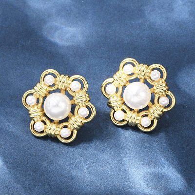 Flower Brass ABS Imitation Pearl Stud Earrings EJEW-M082-09G-1