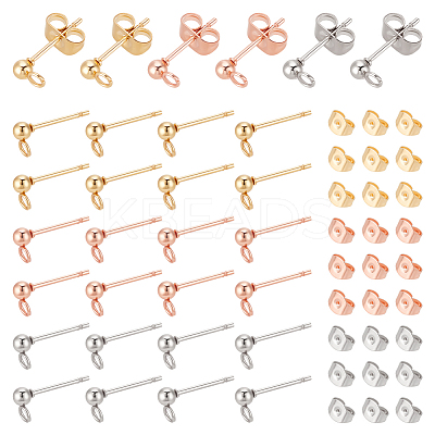 60Pcs 3 Color 304 Stainless Steel Ball Stud Earring Post with Loop FIND-UN0001-14-1