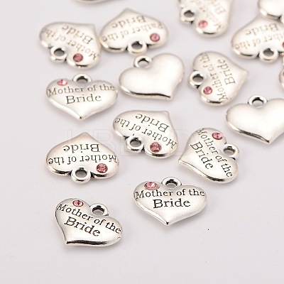 Wedding Theme Antique Silver Tone Tibetan Style Alloy Heart with Mother of the Bride Rhinestone Charms LS-TIBEP-N005-18A-1