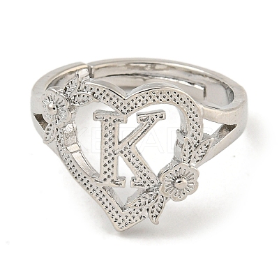 Heart with Letter & Flower Rack Plating Brass Adjustable Rings for Women RJEW-I105-05P-K-1