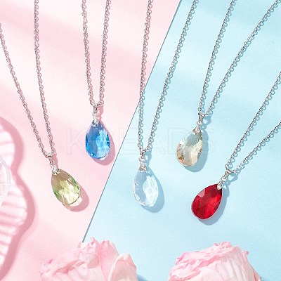Glass Faceted Teardrop Pendant 304 Stainless Steel Cable Pendant Necklaces for Women NJEW-JN05297-1