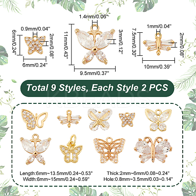 18Pcs 9 Styles Brass Pave Clear Cubic Zirconia Pendants KK-GA0001-30-1