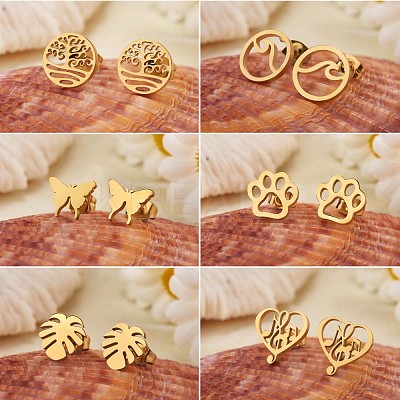 6 Pairs 6 Style Butterfly & Leaf & Tree of Life & Cat Claw Print & Music Note & Wave 316 Surgical Stainless Steel Stud Earrings for Women JE932A-1